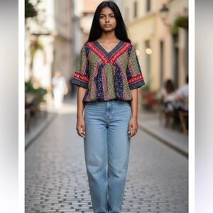 Suzanne Betro Red and Blue Patterned Tunic Size 3X Top GUC